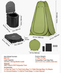 Grab And Go Portable Camping Toilet Kit With Pop Up Privacy Tent showing dimensions and accessories included