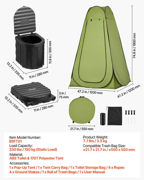 Grab And Go Portable Camping Toilet Kit With Pop Up Privacy Tent showing dimensions and accessories included