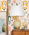 Dead Simple Peel And Stick Wallpaper Pink Safari Jungle Zoo Design Self Adhesive Vinyl Roll on a cozy bedroom wall.