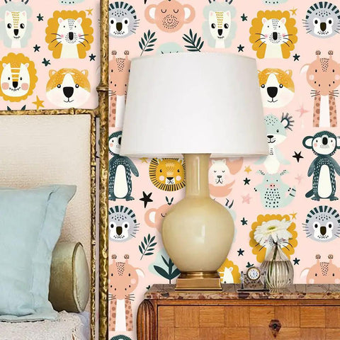 Dead Simple Peel And Stick Wallpaper Pink Safari Jungle Zoo Design Self Adhesive Vinyl Roll on a cozy bedroom wall.