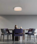 Flush Mount Ceiling Light With Fabric Drum Shade, 15.75 Inch Diameter, 22W LED, Warm White 3000K in a modern dining room