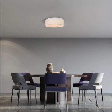 Flush Mount Ceiling Light With Fabric Drum Shade, 15.75 Inch Diameter, 22W LED, Warm White 3000K in a modern dining room
