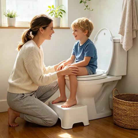 Mother with child on a Hassle Free Quick Swap Elongated Toilet Seat With Built In Toddler Potty Chair And Silent Soft Close Hinges.