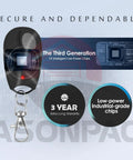Close-up of Two Pack Replacement Garage Door Opener Remote For ACT-31B Megacode showing low-power chips and 3-year warranty