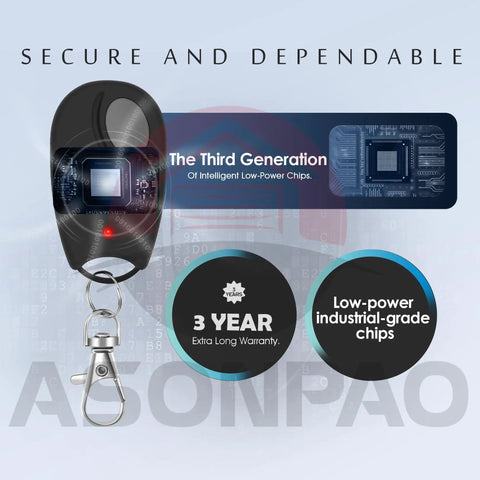 Close-up of Two Pack Replacement Garage Door Opener Remote For ACT-31B Megacode showing low-power chips and 3-year warranty