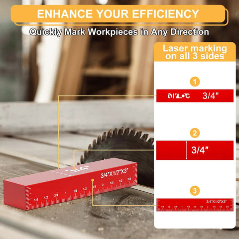 Woodworking Setup Blocks Height Gauge Set 16 Piece Aluminum Blocks With Durable Case shown on table saw with laser engraving