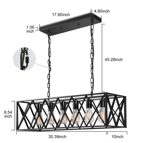 6 Light Chandelier For Dining Room And Kitchen Island Pendant Light In Black Rustic Industrial Style With Adjustable Height And E26 Socket Base Dope Farmhouse Hanging Lighting with dimensions