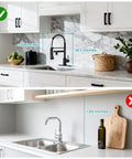 RNDIOZD LED Kitchen Faucet with Pull Down Sprayer, 2-Spout, Matte Black installation comparison with size measurements.
