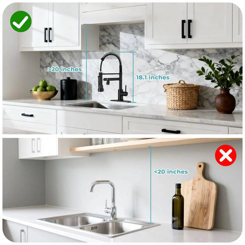 RNDIOZD LED Kitchen Faucet with Pull Down Sprayer, 2-Spout, Matte Black installation comparison with size measurements.