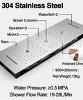 Turn Your Bathroom Into A Slick Spa Vibe With This Badass Smart Thermostatic Shower System Featuring Matte Black Bar Rain Head Sleek Concealed Mixer Valve Remote Temp Control, stainless steel shower panel with various water settings.