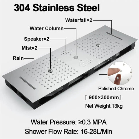 Turn Your Bathroom Into A Slick Spa Vibe With This Badass Smart Thermostatic Shower System Featuring Matte Black Bar Rain Head Sleek Concealed Mixer Valve Remote Temp Control, stainless steel shower panel with various water settings.