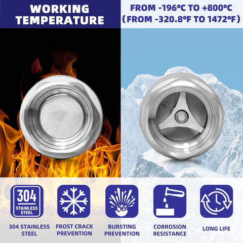 1-inch NPT stainless steel spring check valve, inline vertical, front and side views, 304 stainless steel