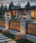 LED Solar Post Cap Light With Remote Dimmable Color Temps 3000K 4000K 6000K IP65 Waterproof on garden pillar at dusk