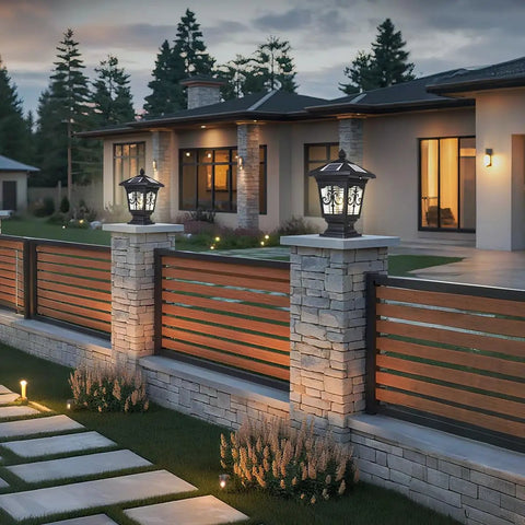 LED Solar Post Cap Light With Remote Dimmable Color Temps 3000K 4000K 6000K IP65 Waterproof on garden pillar at dusk