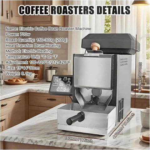 Dope Compact Electric Coffee Bean Roaster With Smoke Filter And Digital Display Rocking Precision For 200 Gram Batches on kitchen counter.