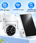 Wireless Outdoor Security Camera With Solar Power And Two Way Talk 2K Hd Full Color Night Vision PIR Motion Alerts Pan And Tilt close-up with solar panel on wall