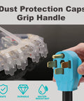 Close-up of RV Generator Power Distribution Cord 50 Amp NEMA 14 50P Male to Four 5 15R and 5 20R T Blade outlets with dust caps