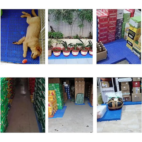Plastic Pallet Storage Grid Pad in use at garage and supermarket with plants and boxes, showcasing HDPE breathable grids for heavy duty storage.
