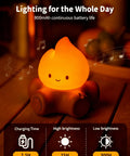Lit Campfire Night Light Portable Flameless Candle with White Noise on wooden surface, surrounded by musical notes.