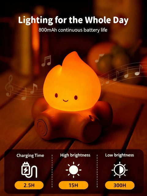 Lit Campfire Night Light Portable Flameless Candle with White Noise on wooden surface, surrounded by musical notes.