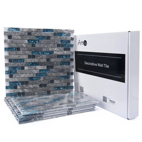 Blue Gray Glass Dope Decorative Tile 5 Pack Mosaic For Kitchen Backsplash Or Bathroom Backsplash Mesh-Backed with packaging