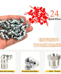 Hand holding Grease Fitting Assortment Kit 5/16-24 In Straight 45 Degree And 90 Degree Zerk Fittings With Caps galvanized steel