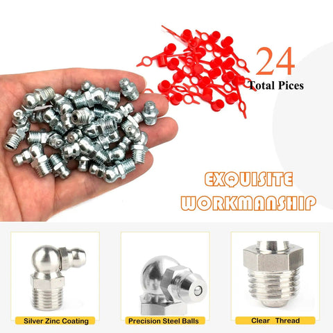 Hand holding Grease Fitting Assortment Kit 5/16-24 In Straight 45 Degree And 90 Degree Zerk Fittings With Caps galvanized steel