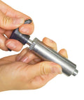Close-up of Heavy Duty Half Inch Steel Spring Loaded Pull Pin With Three Inch Extended Welded Barrel And Grippy T Lever in use.