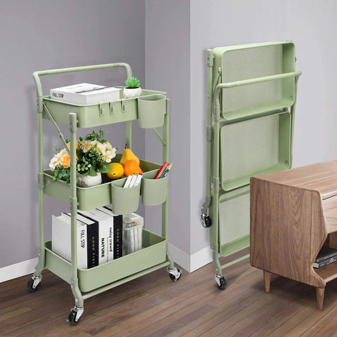 Go To Space Saving Foldable 3 Tier Rolling Cart With Wheels in green, shown open with items and folded next to a desk