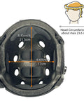 Inner view of PJ Type Tactical Airsoft Fast Helmet Lightweight ABS with measures, NVG mount, bump protection, Desert Tan.