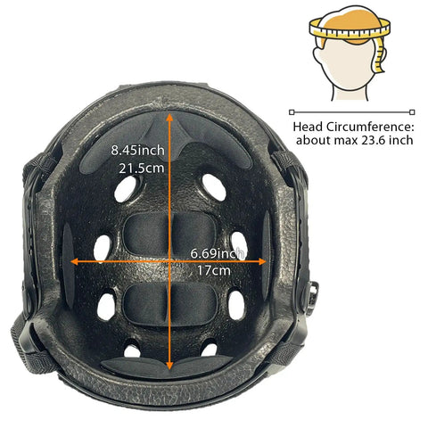 Inner view of PJ Type Tactical Airsoft Fast Helmet Lightweight ABS with measures, NVG mount, bump protection, Desert Tan.