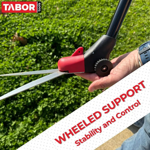 Long Reach Grass Shears With Wheeled Glide Support And 180 Degree Swivel Blade in use for upright trimming on grass