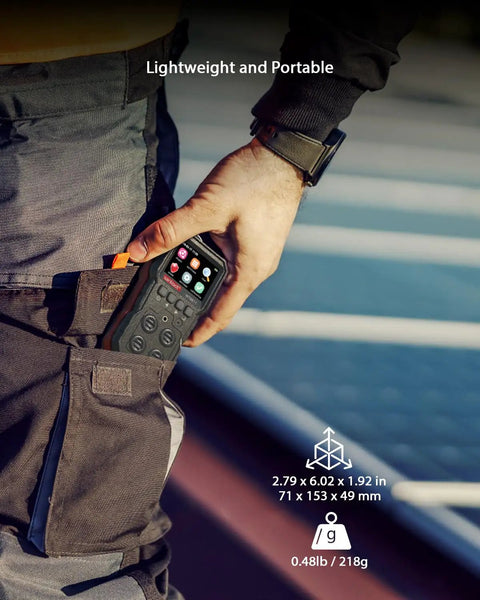 Person placing Four In One Gas Leak Detector with Multi Gas Alarm into pocket, illustrating portability for home and RV use