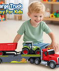 Child playing with 3 In 1 21 Inch Semi Flatbed Truck Toy With Farm Truck For Toddlers And Kids Ages 3 4 5 6 7 Friction Powered Vehicles