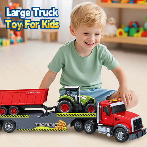 Child playing with 3 In 1 21 Inch Semi Flatbed Truck Toy With Farm Truck For Toddlers And Kids Ages 3 4 5 6 7 Friction Powered Vehicles