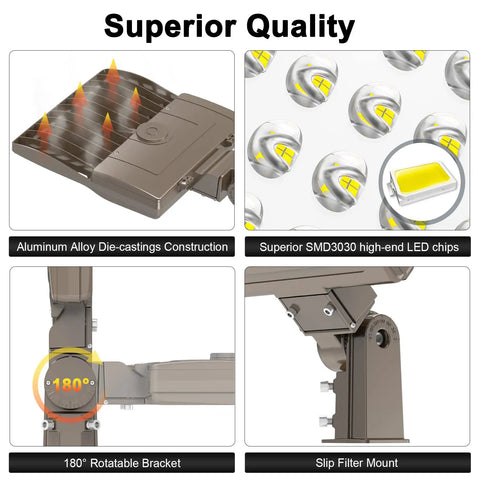 LED Parking Lot Light With Photocell, 19000 Lumens Shoebox Pole Fixture components, showcasing construction and LED chips details.