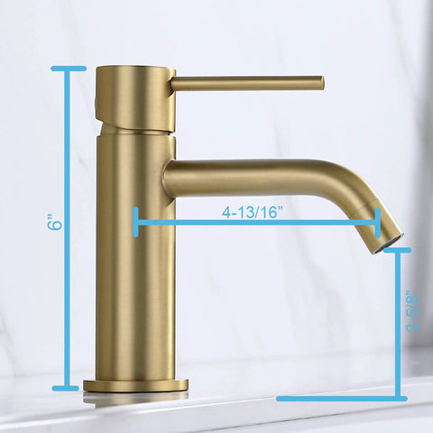 Side view of Brushed Gold Bathroom Faucet With Single Handle For One Hole Sinks Built From Brass And Stainless Steel Includes Pop Up Drain Assembly And Water Supply Lines Drip Free Cartridge And Easy Install Vanity Faucet