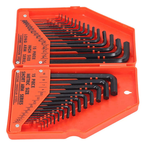Top Tier 30 Piece Hex Wrench Set With Inch And Metric Combo For Heavy Duty Furniture Assembly Home Repairs And Pro Use High Strength 45 Steel Long Short Arm Tool Kit, orange case