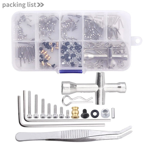 RC Screw Kit 272 Pieces M1.4 Screws Hardware Fasteners Repair Tools For Axial SCX24 shown with tweezers and case