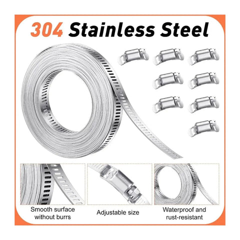 Heavy Duty 12 Inch Adjustable Stainless Steel Hose Clamps Tool Kit With Cut To Fit Metal Straps And Super Strong Worm Gear Fasteners For Auto Home Repair Projects, 304 stainless steel coil and clamps