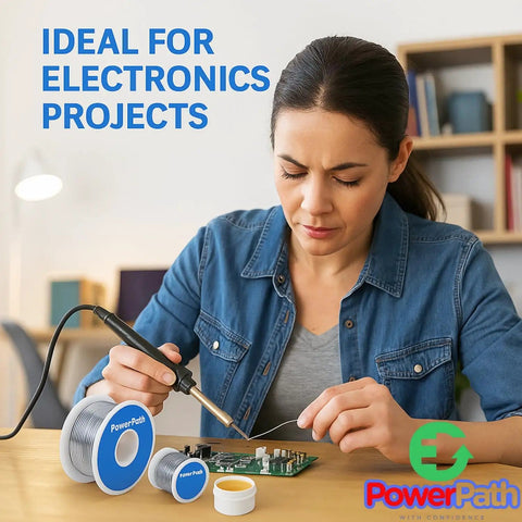 Woman using Rosin Core Tin Lead Solder Wire for electrical soldering on a circuit board, with spools shown prominently.