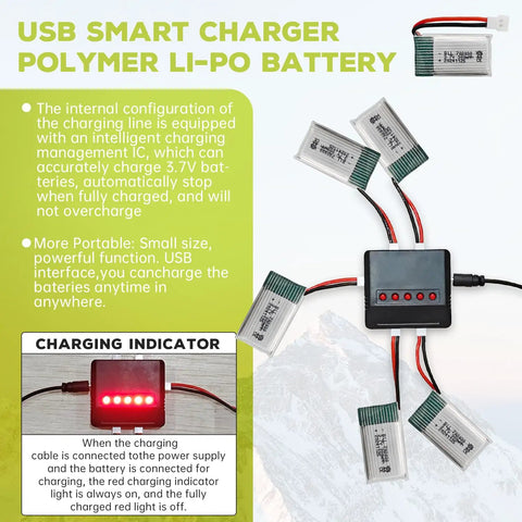 Five Pack 3.7V 300mAh 25C LiPo Drone Batteries with 5 in 1 Charger for Syma X11 X11C V911S showcasing charging setup