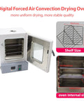 Heavy Duty Digital Forced Air Convection Drying Oven With Slick PID Temp Control And Reliable Rotary Hot Air Circulation showing open door and shelves.