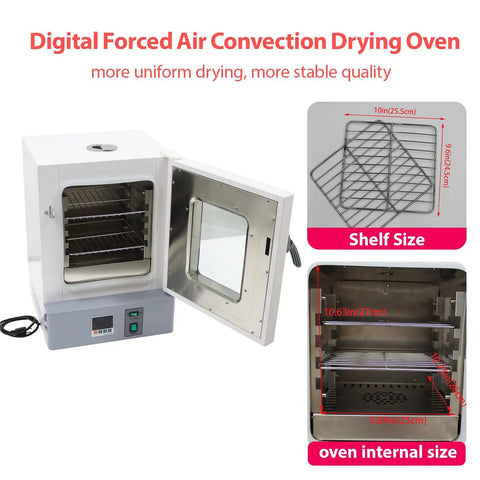 Heavy Duty Digital Forced Air Convection Drying Oven With Slick PID Temp Control And Reliable Rotary Hot Air Circulation showing open door and shelves.