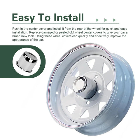 Heavy Duty Push Through Trailer Wheel Center Caps Boasting A Slick Chrome Polish For A Tight Universal Mount On Truck Rv And Suv Rims Using Durable Carbon Steel on a white wheel.