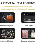 Leather Tray Desk Organizer For Jewelry Watches Keys And Small Essentials Must Have Luxury Nightstand And Entryway Storage Tray In Black With Stitched Edges And Metal Accents 8.5L X 5.7W X 1.8H shown with assorted items