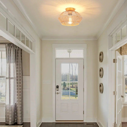 Entryway with Boho Rattan Ceiling Light Fixture Flush Mount Handcrafted Woven Mini Chandelier With Gold Brass Brush Finish