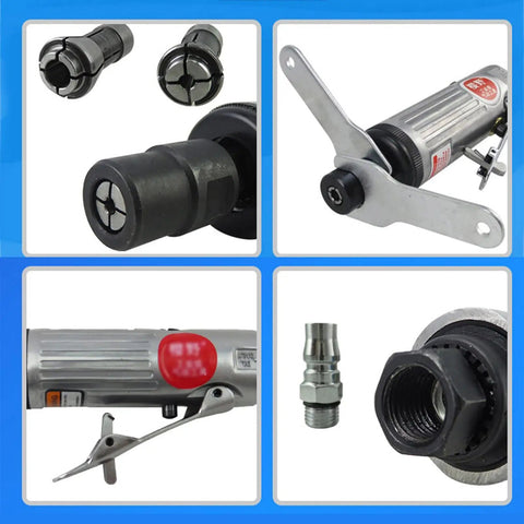 Shop Ready 16 Piece Pneumatic Air Die Grinder Kit Featuring Slick Moving Action And Hella Durable Aluminum Housing showing collets and air die grinder parts for precision work.