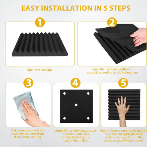Easy installation steps for Heavy Duty Acoustic Foam Panels 12 Pack 1 Inch Thick 12 By 12 Black Wedge For Studio Recording Home Office.
