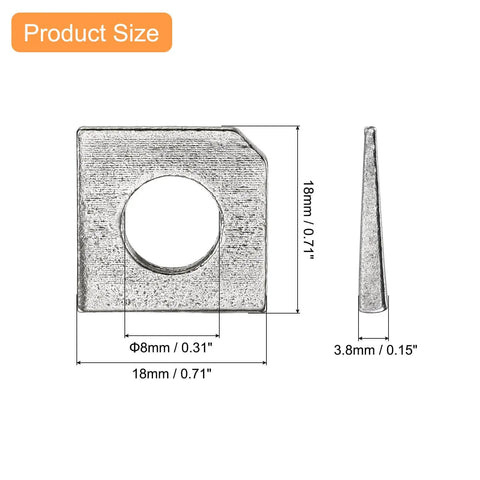 Beveled Square Washers For M8 Bolts, 304 Stainless Steel, 18x18mm Outer, 3.8mm Thick, 8mm Hole, front and side view